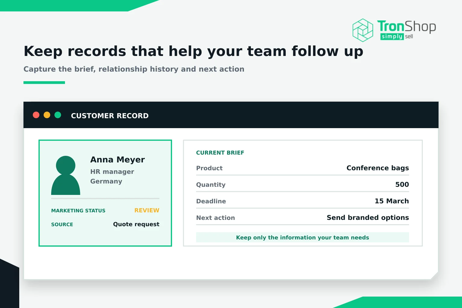A customer record with the contact’s role, country, marketing status and source, beside the current brief: product, quantity, deadline and next action