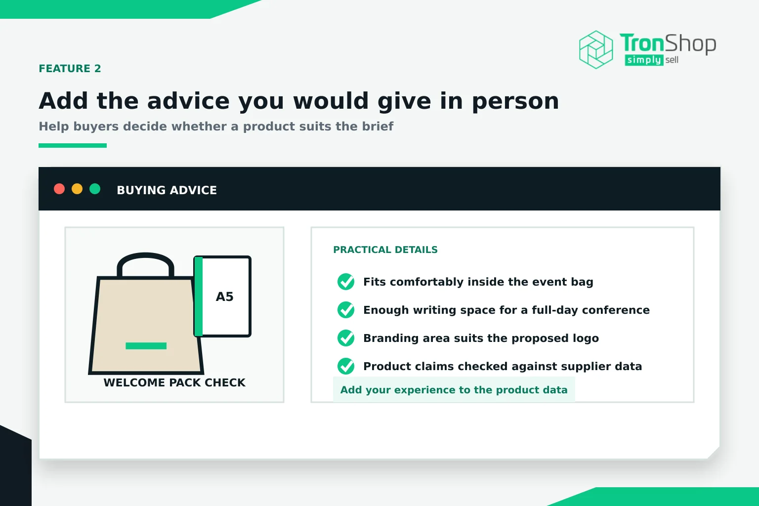 A bag with an A5 notebook beside practical buying advice: it fits inside the event bag, has enough writing space for a full-day conference, and its claims are checked against supplier data