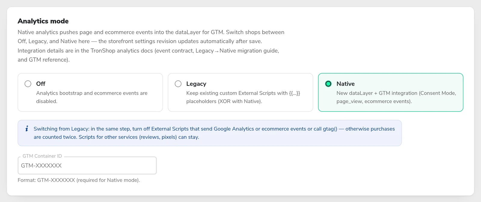 Analytics settings: the choice between Off, Legacy and Native tracking, with the field for the shop's Google Tag Manager container ID