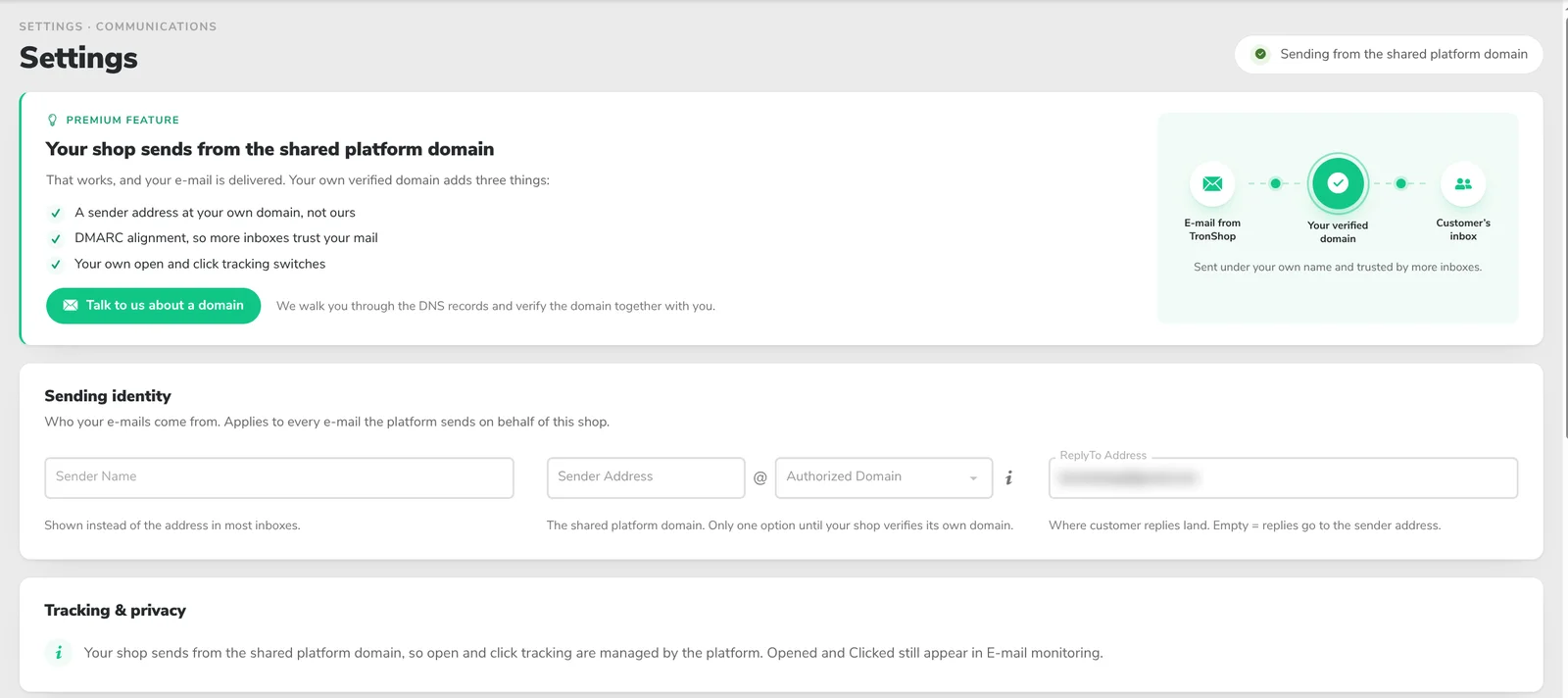 E-mail settings: the sending identity, tracking options and the card for shops sending from the shared platform domain
