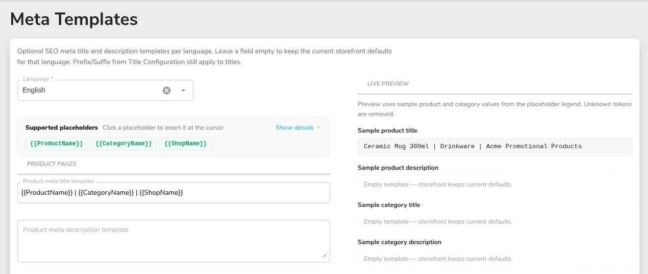 Meta templates: one title and description pattern for product pages, with a live preview