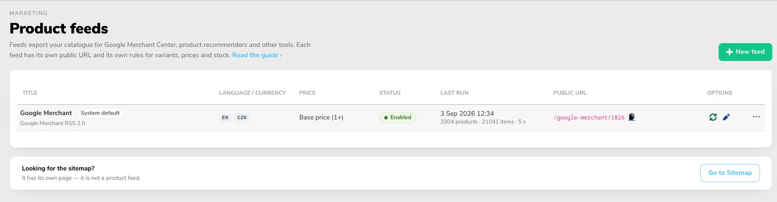 Marketing → Product feeds: the list of feeds with their language, currency, price, status and public address