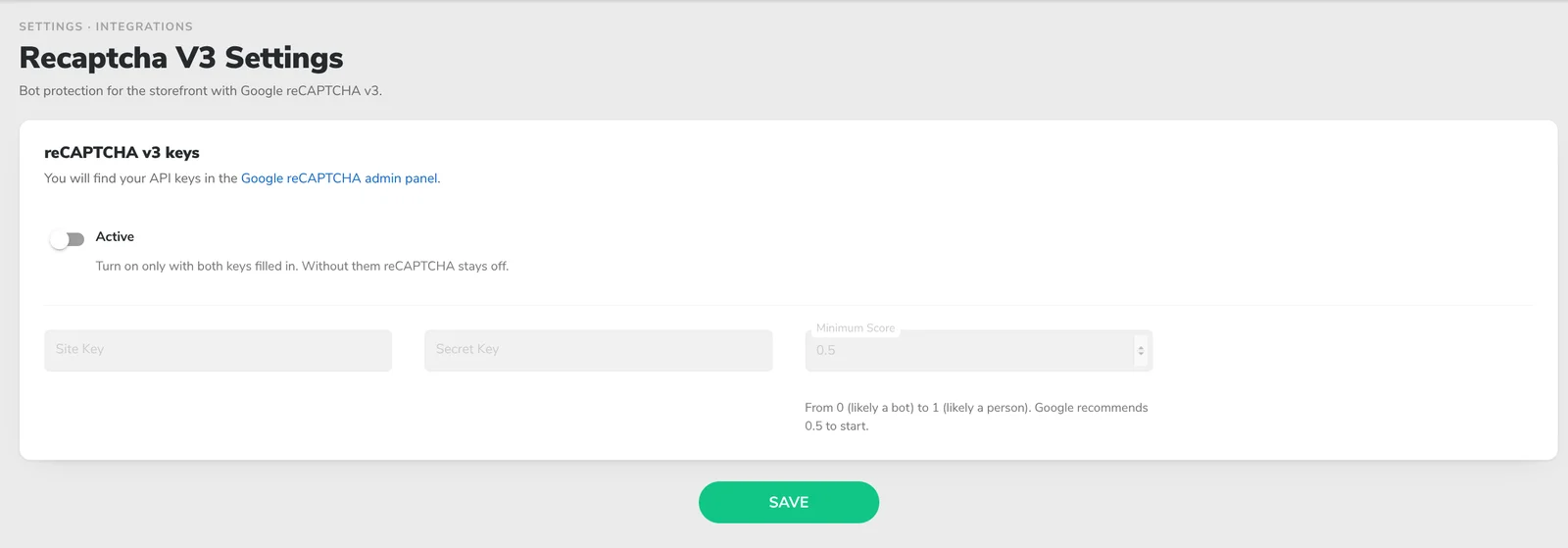 reCAPTCHA v3 settings: off by default and active only once both keys are filled in